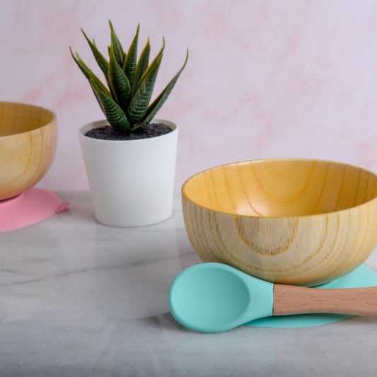 Wooden Feeding Bowl and Spoon Set-Pink