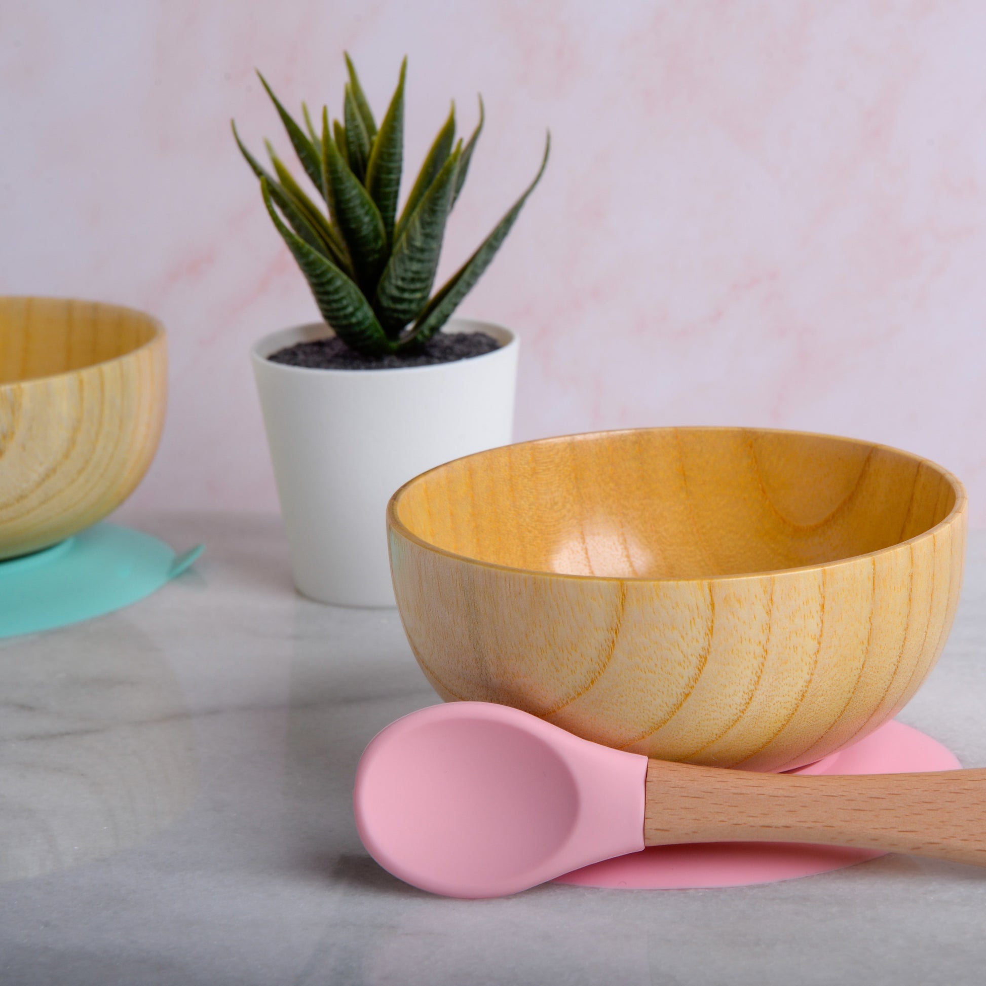 Wooden Feeding Bowl and Spoon Set-Pink